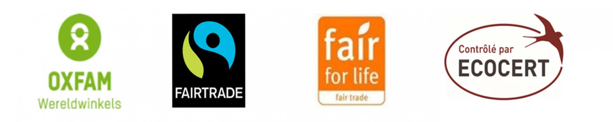 Foto van de 4 logo's waar fairtrade mee samenwerkt (Oxfam, fairtrade, fair for life, ecocert)