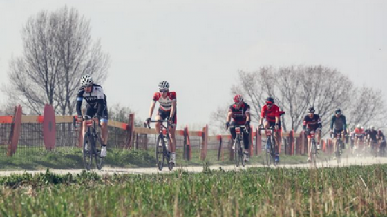 Gent-Wevelgem Cyclo. renners rijden over de wegen tussen de velden heen