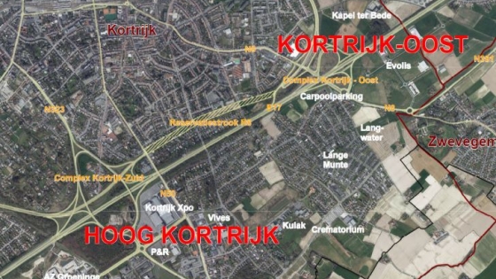 KR-8 Startnota. Satelietbeeld van kortijk met alle delen en alle belangrijke snelwegen aangeduid