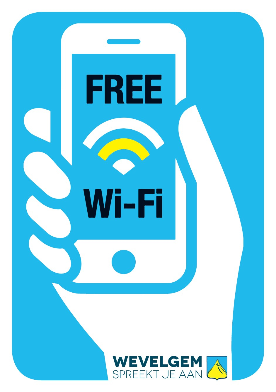 free wifi borden met witte hand die gsm vasthoudt met deze tekst