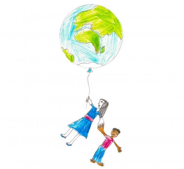 Logo Wereldraad. Een wereldbol als ballon en aan die ballon hangt er een vrouw en een kind 